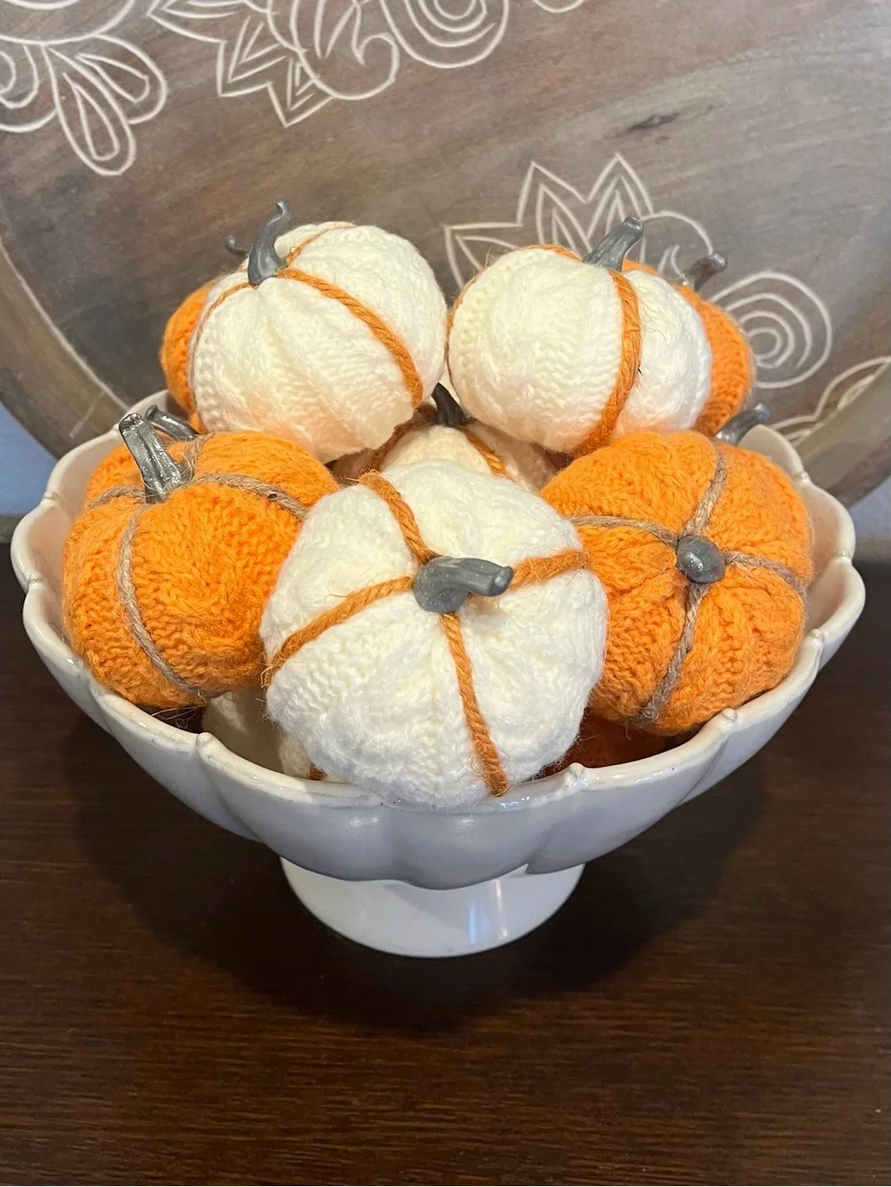 Spritz Knit Harvest Mini Pumpkins - Cream with Jute Stripe, Gray Stem, Set of 8